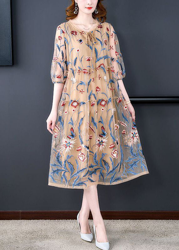 Embroidered Butterfly Floral Mesh Tiered Puff Sleeve Midi Dress - View 5