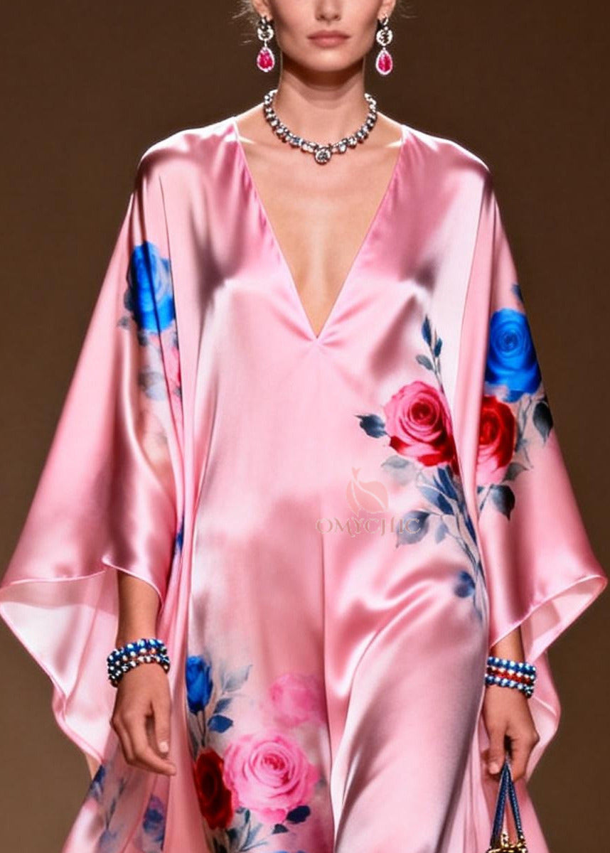 Floral Print Deep V-Neck Kimono Sleeve Satin Kaftan Maxi Party Gown - View 2