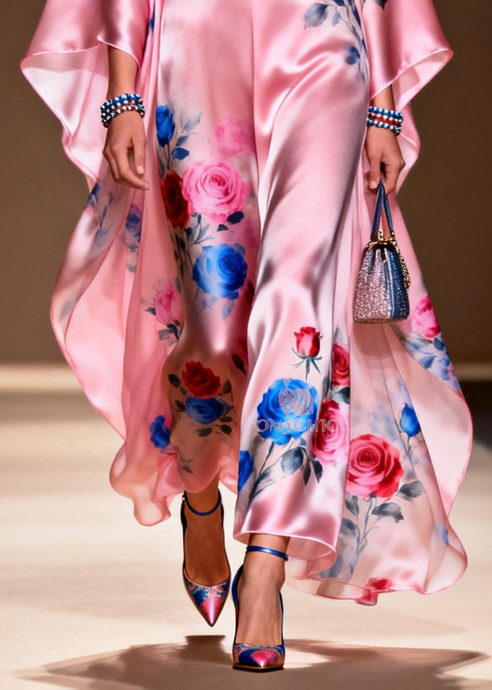 Floral Print Deep V-Neck Kimono Sleeve Satin Kaftan Maxi Party Gown - View 4