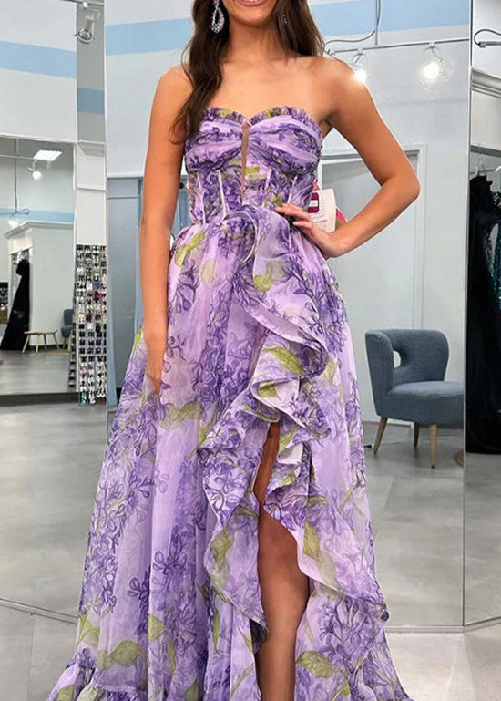 Art Purple Ruffled Asymmetrical Print Chiffon Dress Summer - View 4