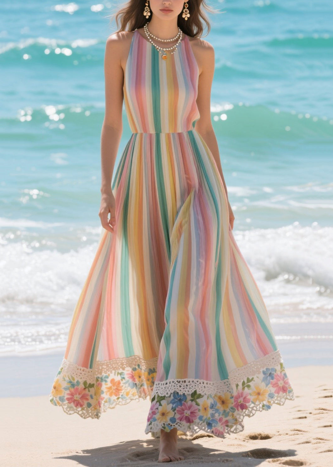 Halter Neck Sleeveless Striped Lace Trim Chiffon Maxi Dress - View 3