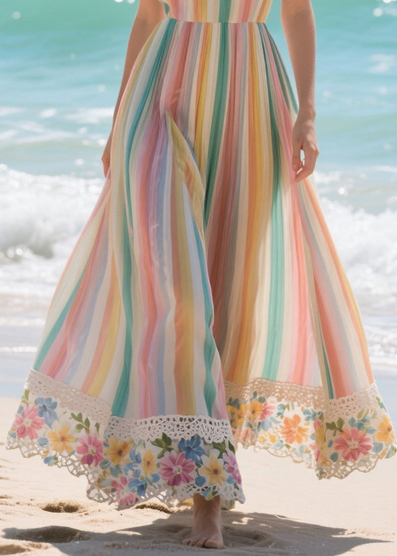 Halter Neck Sleeveless Striped Lace Trim Chiffon Maxi Dress - View 4
