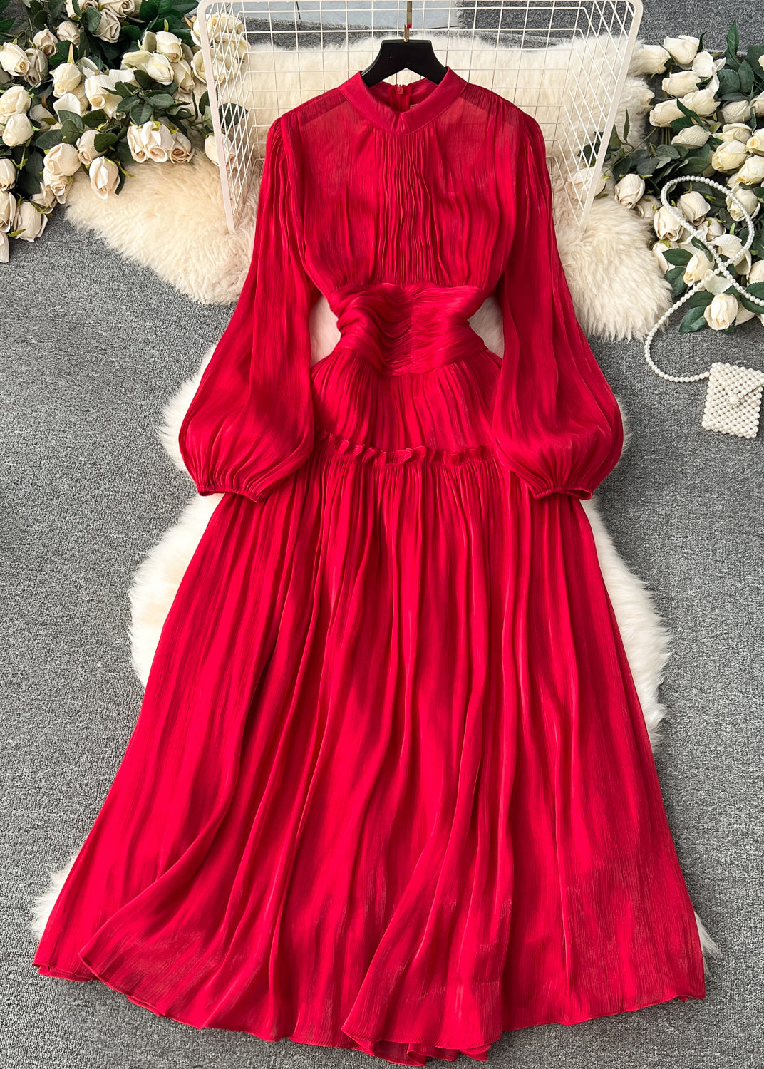 Accordion Pleat Mock Neck Lantern Sleeve Smocked Waistband Maxi Dress