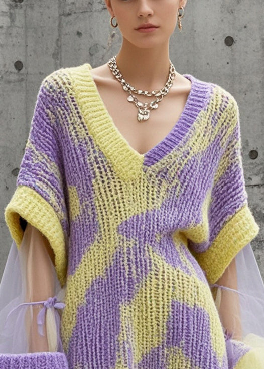 Abstract Chunky Knit Layered Mesh Ruffle Hem Oversized Mini Dress - View 2
