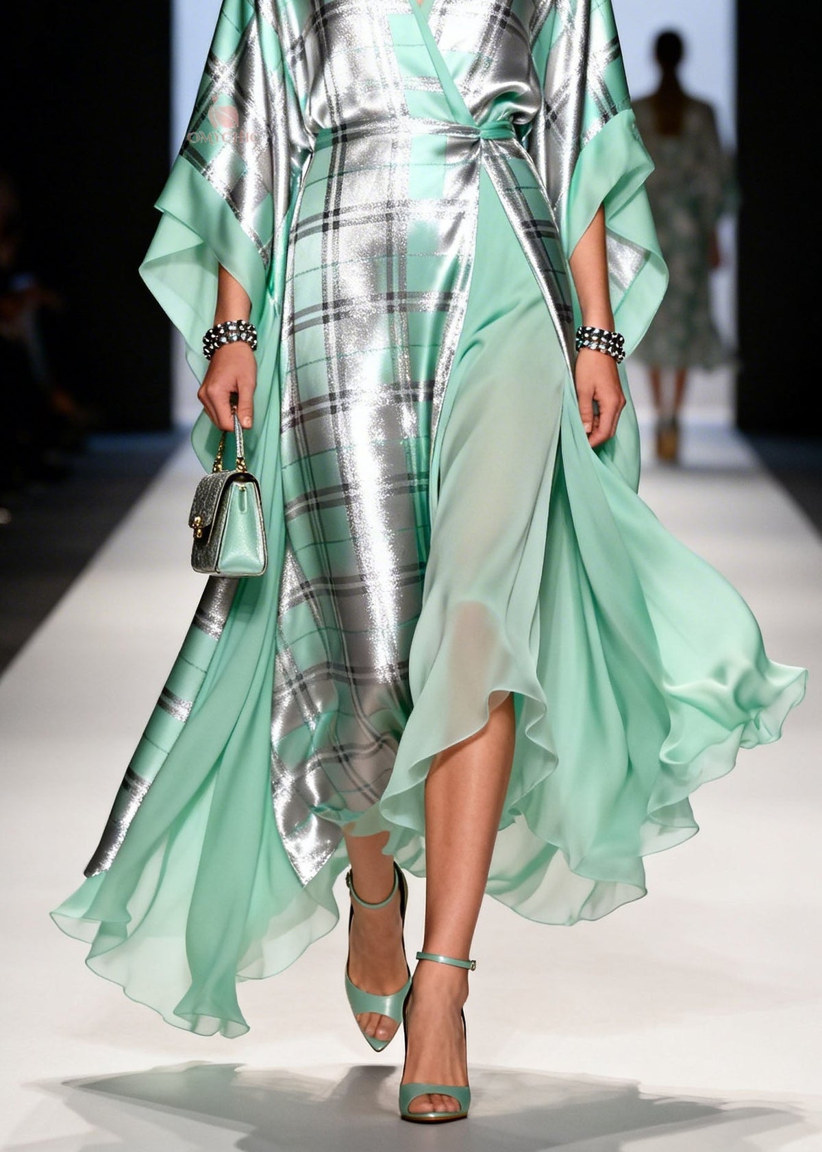 Metallic Plaid Wrap V-Neck Cape Sleeve Sheer Ruffle Hem Maxi Gown - View 4
