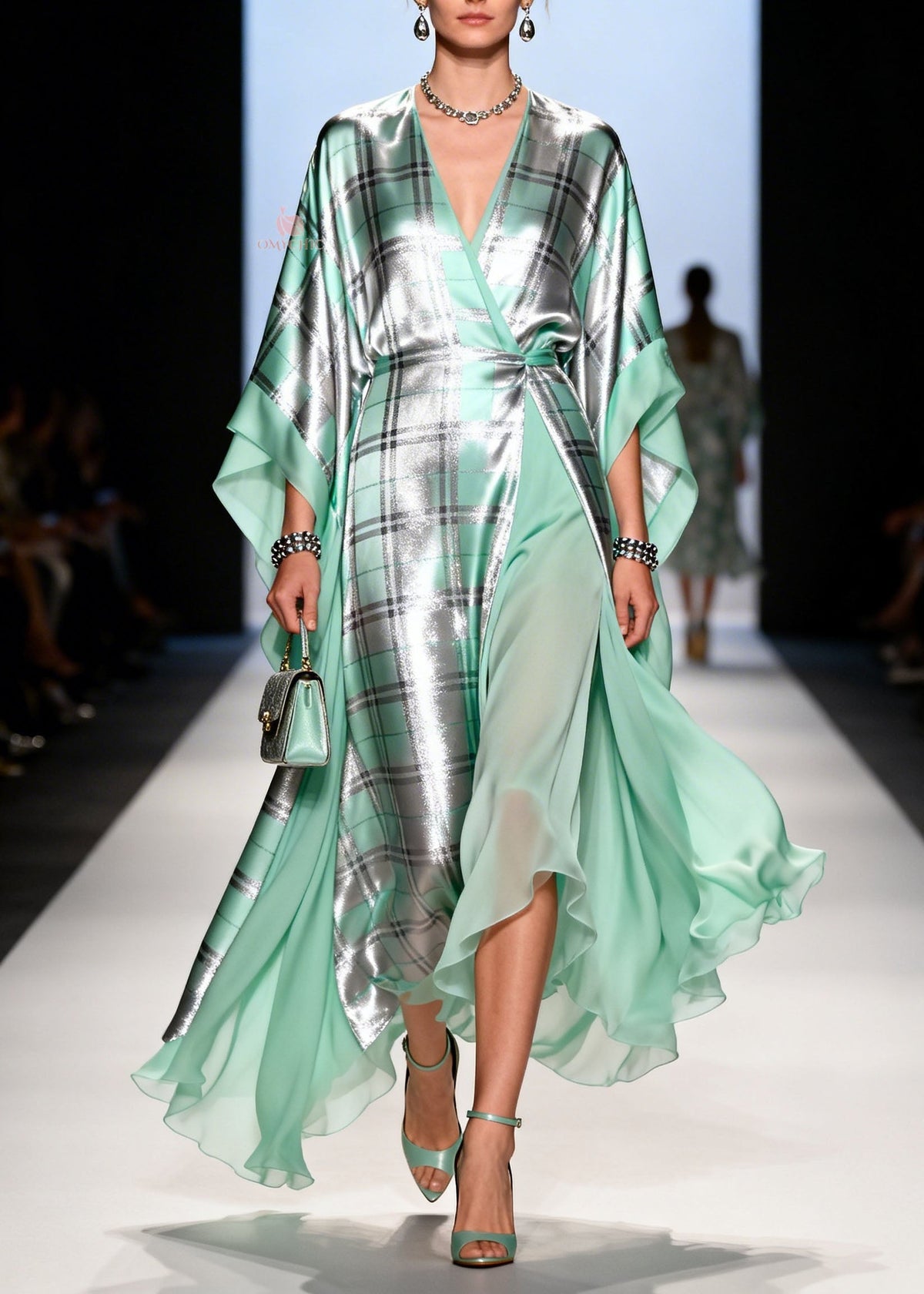 Metallic Plaid Wrap V-Neck Cape Sleeve Sheer Ruffle Hem Maxi Gown - View 5