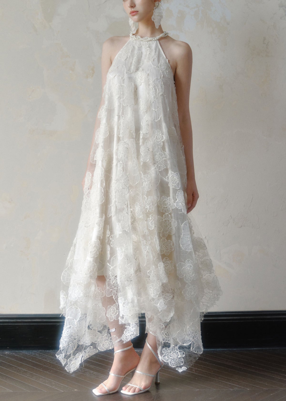 Floral Lace Pearl Trim Halter Neck Asymmetric Dress