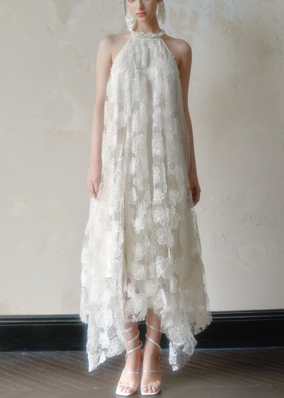 Floral Lace Pearl Trim Halter Neck Asymmetric Dress - View 2