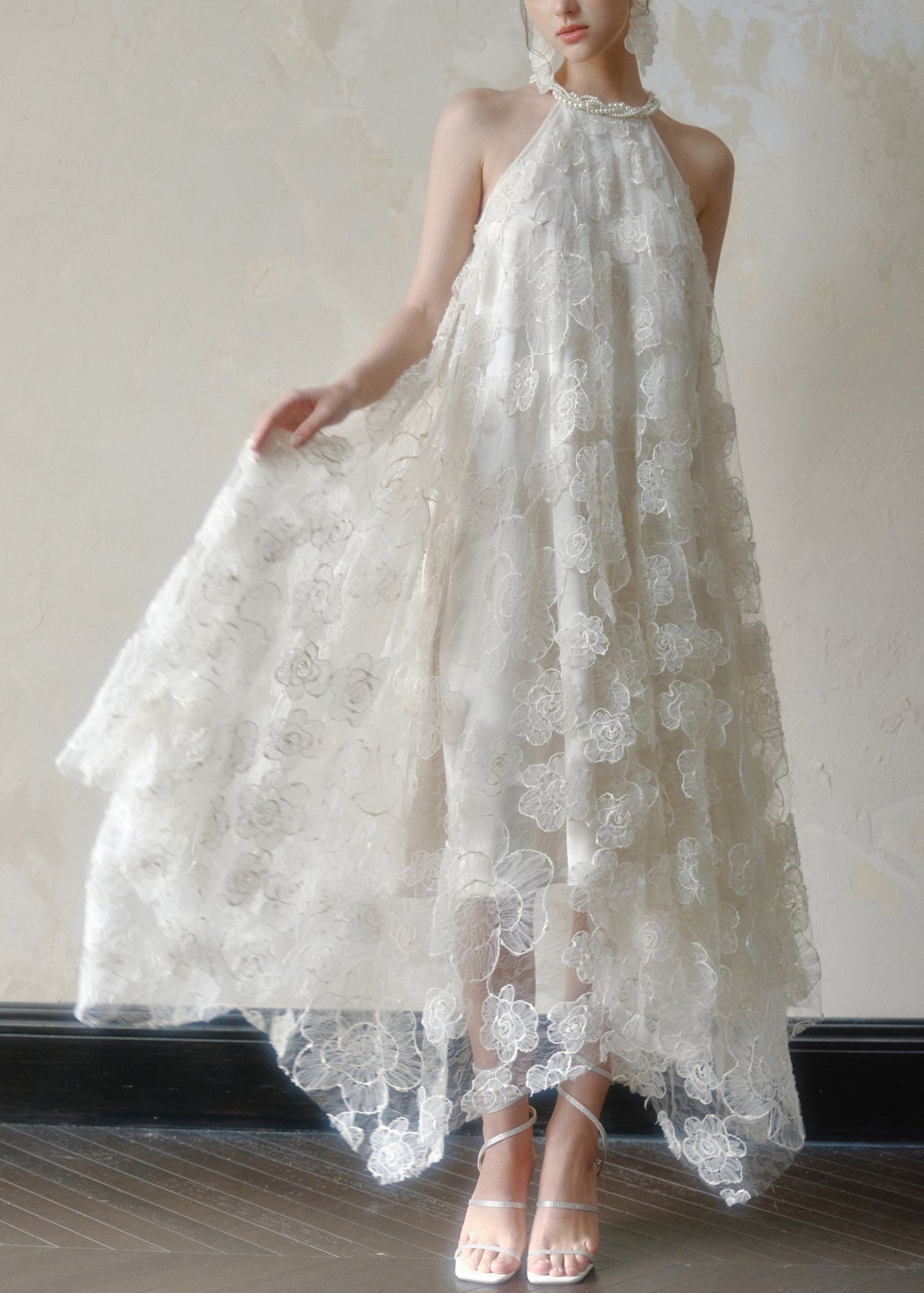 Floral Lace Pearl Trim Halter Neck Asymmetric Dress - View 3