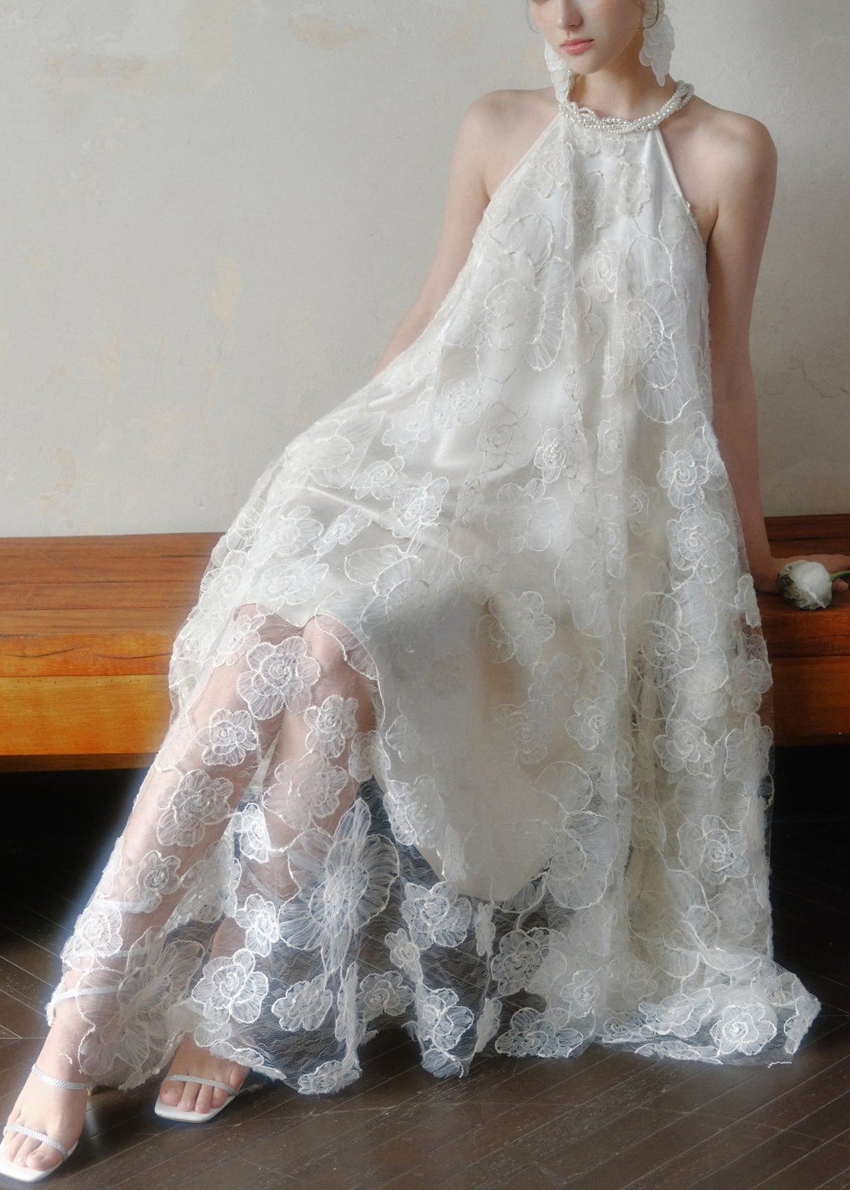 Floral Lace Pearl Trim Halter Neck Asymmetric Dress - View 4