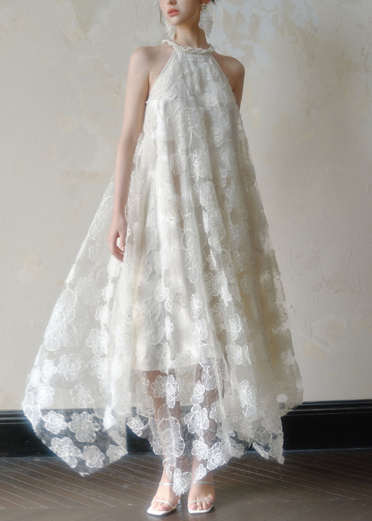Floral Lace Pearl Trim Halter Neck Asymmetric Dress - View 5