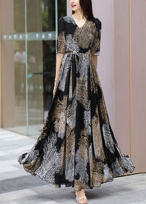 Chiffon V-Neck Short Sleeve Tie Belt Abstract Print A-Line Maxi Dress