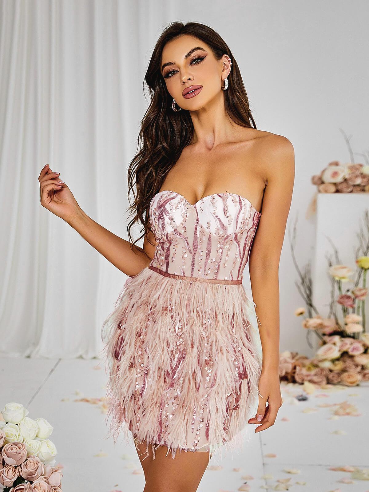Strapless Sweetheart Sequin Feather Hem Corset Mini Dress - View 4