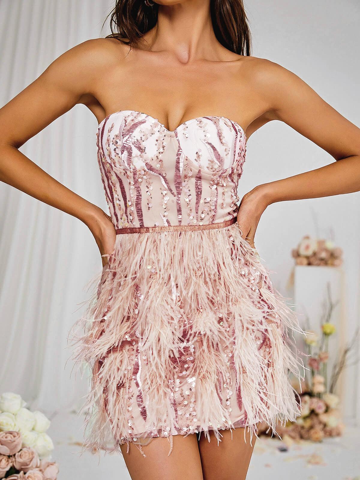 Strapless Sweetheart Sequin Feather Hem Corset Mini Dress - View 6