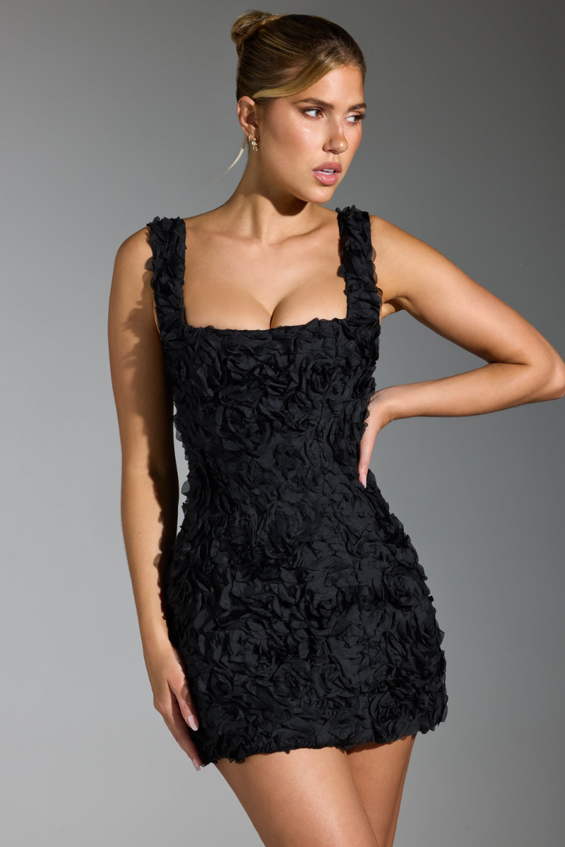 3D Floral Applique Square Neck Wide Strap Bodycon Mini Dress - View 4