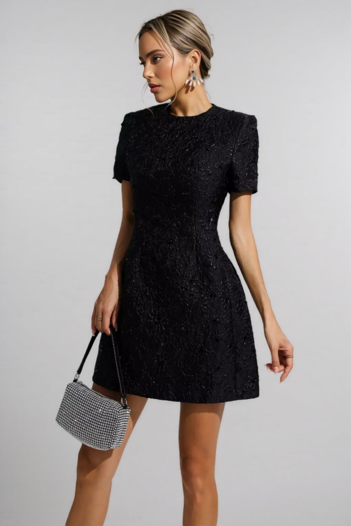 Floral Jacquard Short Sleeve A-Line Mini Dress - View 3