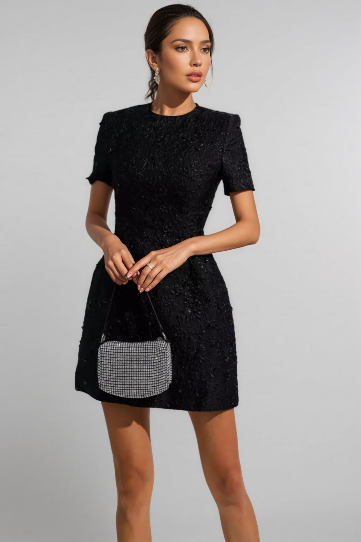 Floral Jacquard Short Sleeve A-Line Mini Dress - View 6