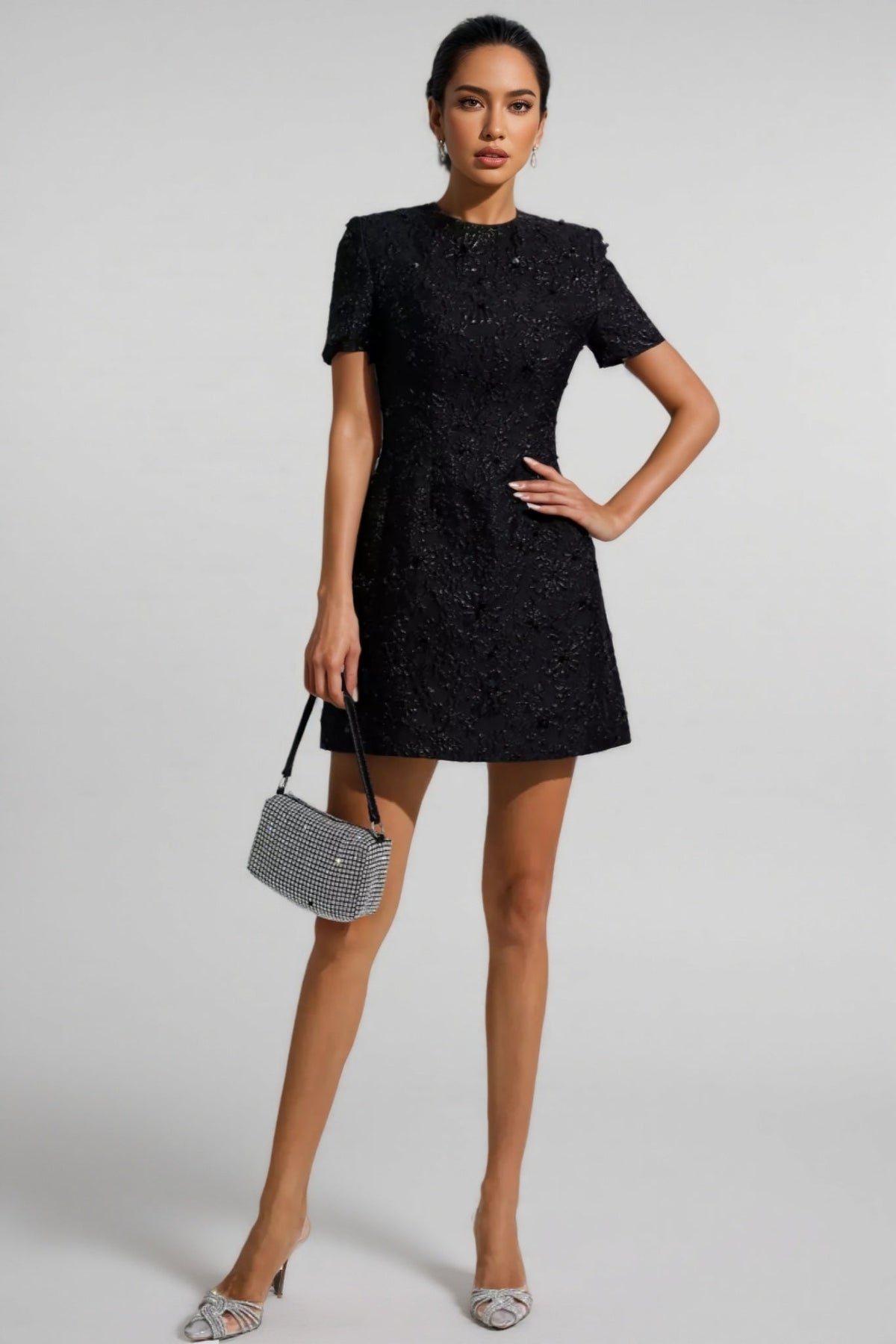 Floral Jacquard Short Sleeve A-Line Mini Dress
