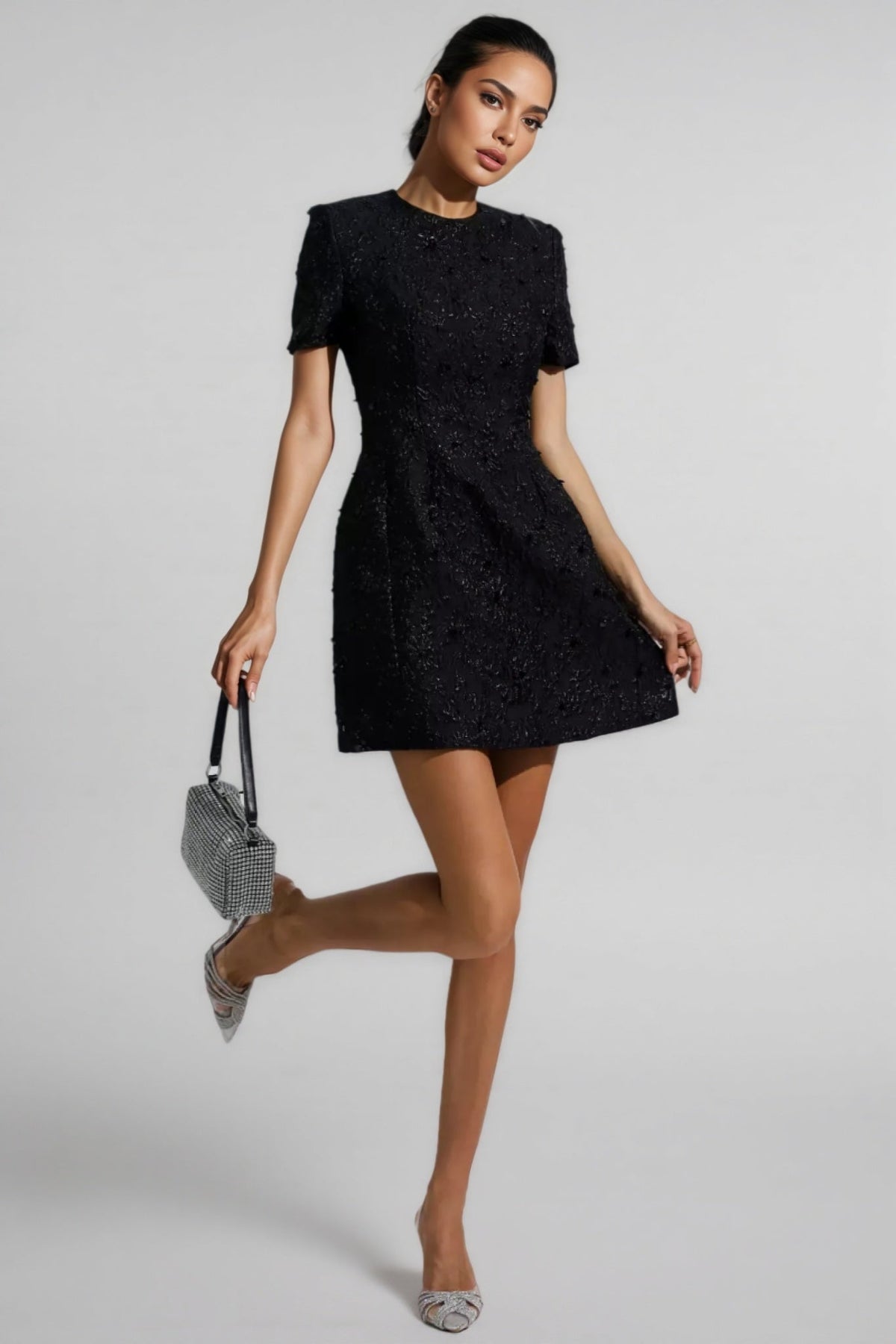 Floral Jacquard Short Sleeve A-Line Mini Dress - View 4