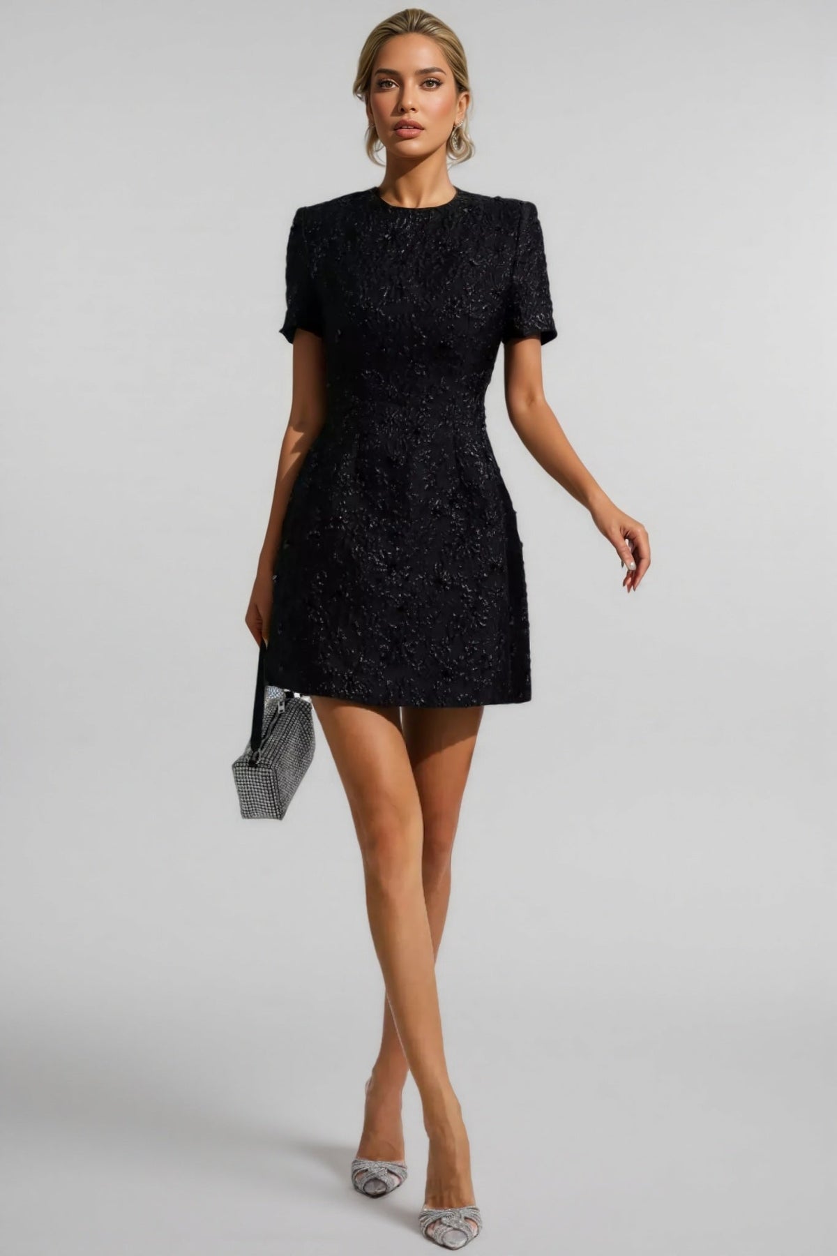 Floral Jacquard Short Sleeve A-Line Mini Dress - View 2