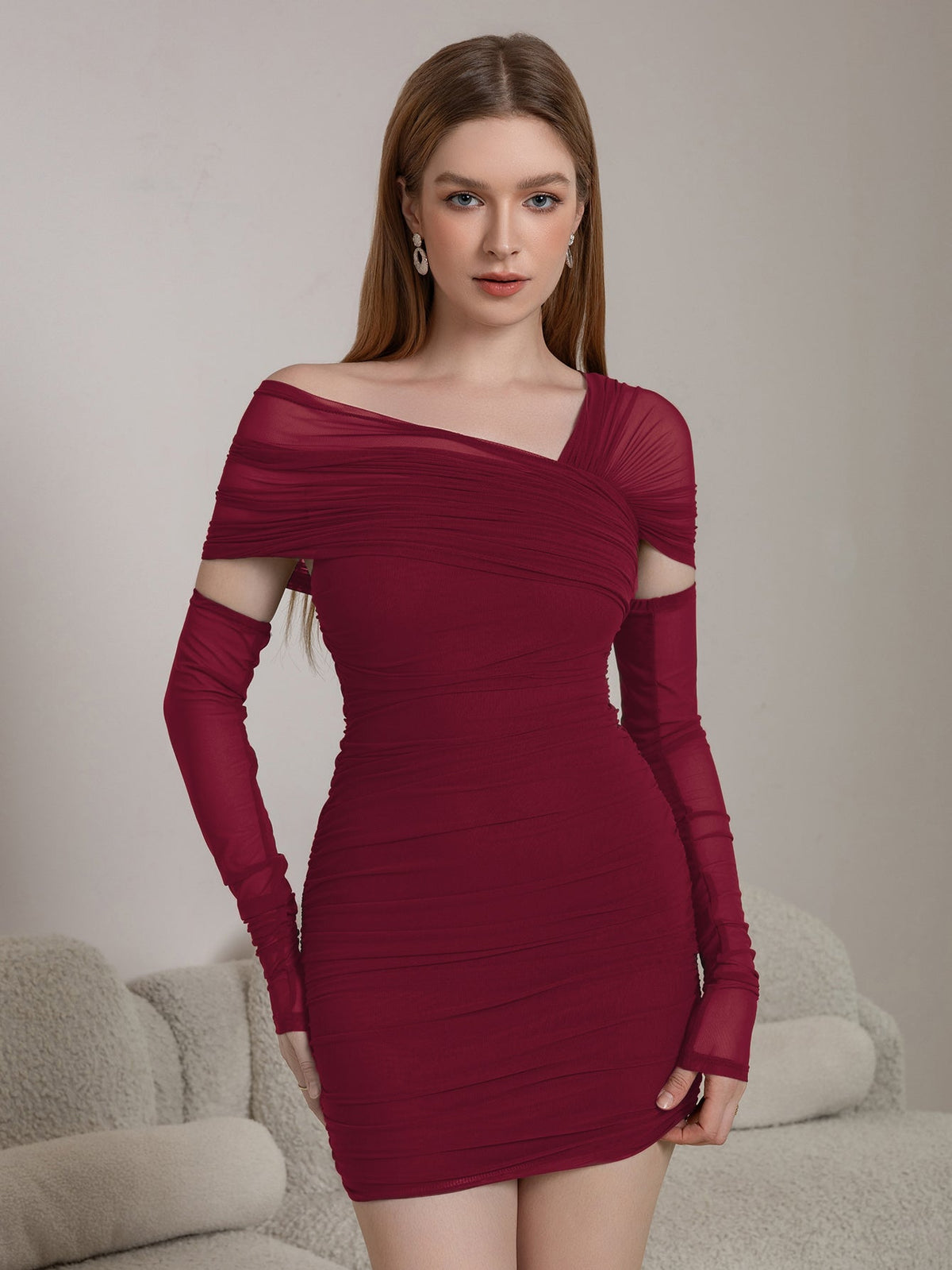 Mesh Off Shoulder Long Sleeve Ruched Cut Out Bodycon Mini Dress - View 10