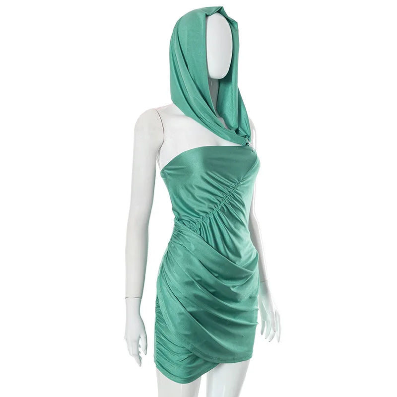 Hooded Ruched Mini Dress