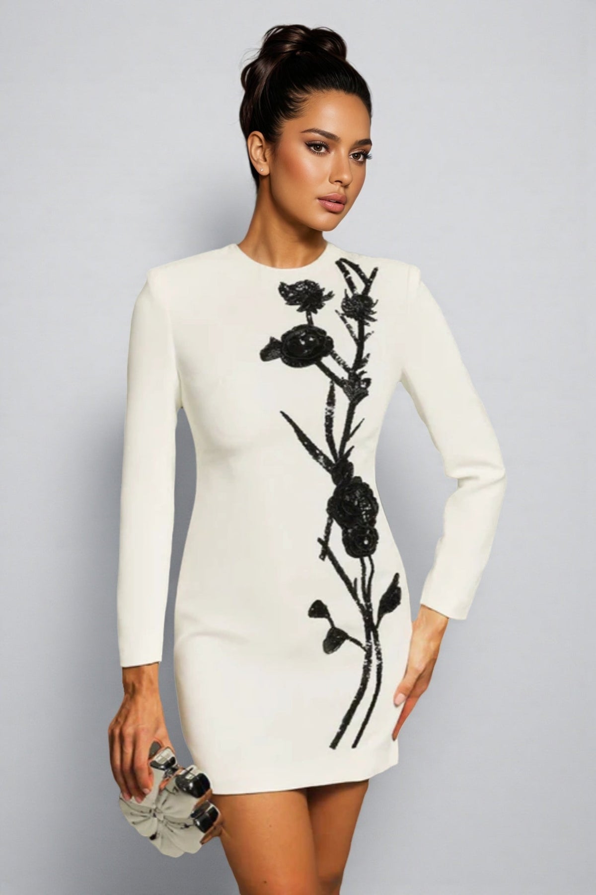 Beaded Floral Long Sleeve Bodycon Mini Dress - View 4