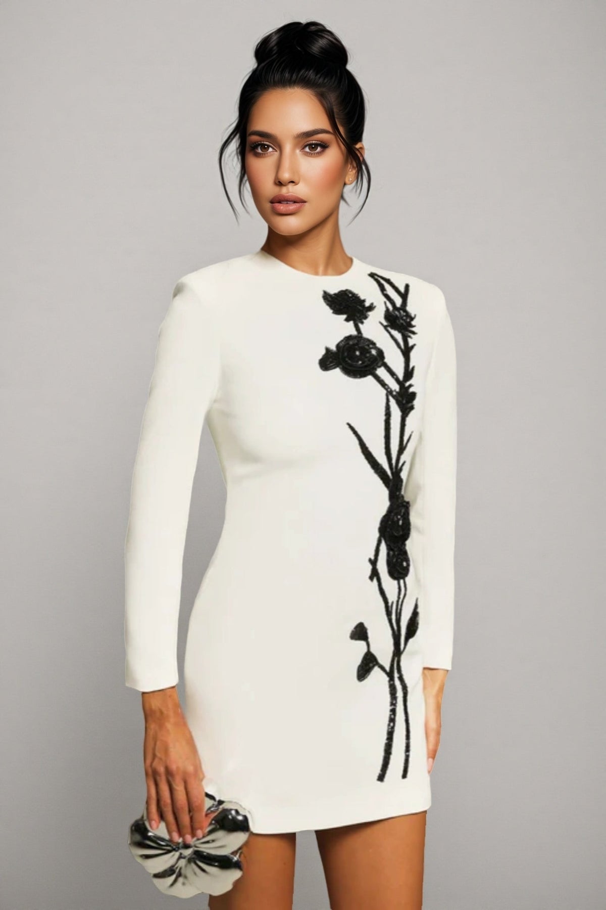 Beaded Floral Long Sleeve Bodycon Mini Dress - View 3