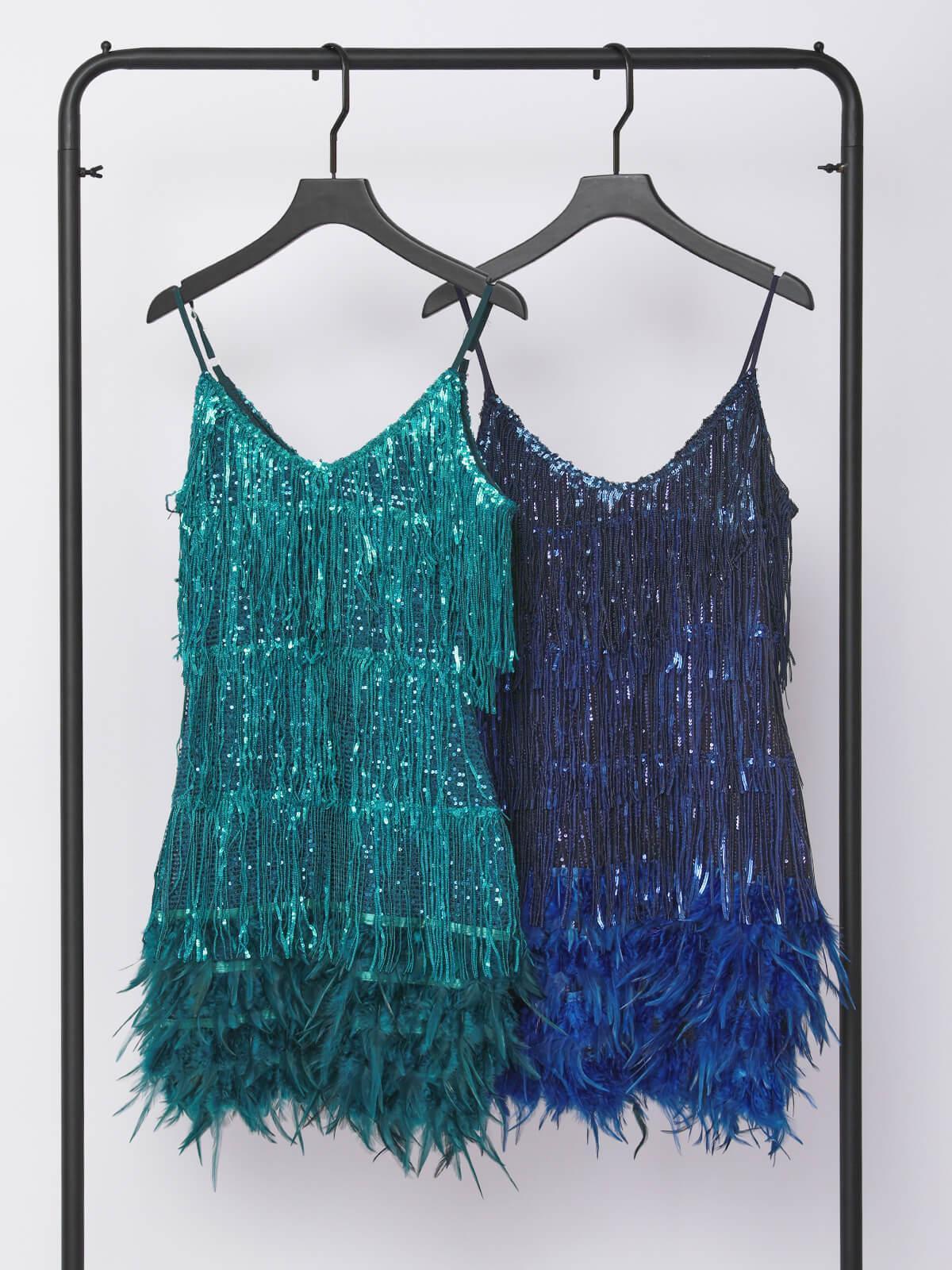 Tassel Feather Mini Dress In Emerald - View 7
