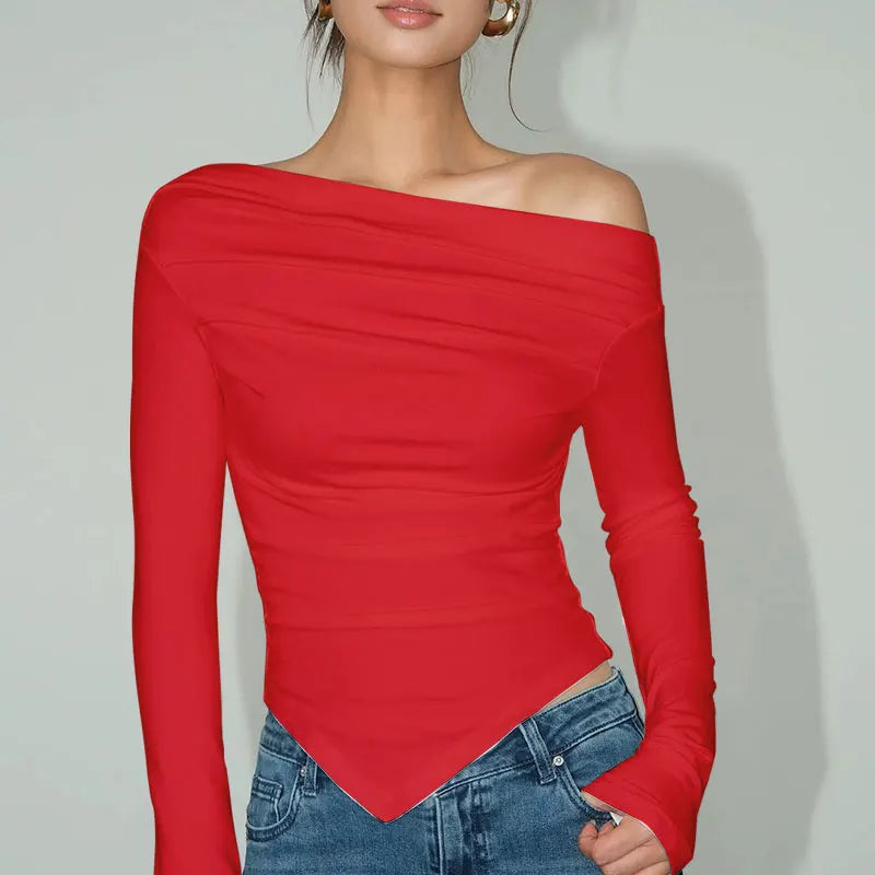 Off Shoulder Long Sleeve Ruched Asymmetric Hem Slim Top 4