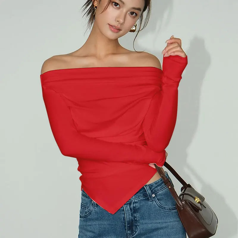 Off Shoulder Long Sleeve Ruched Asymmetric Hem Slim Top 3