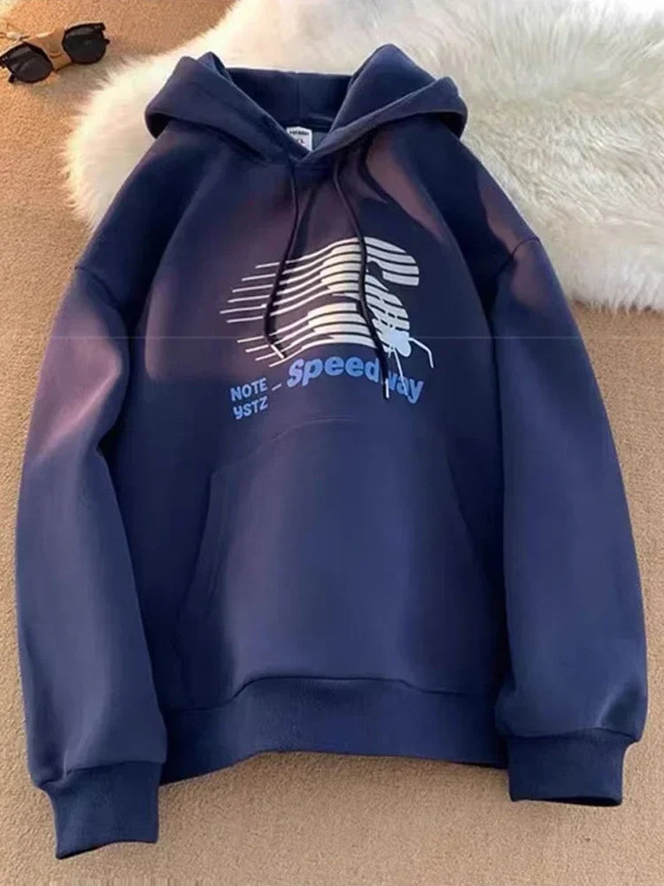 Speedway Letter Graphic Hoodie Navy Blue / M(40-45KG)