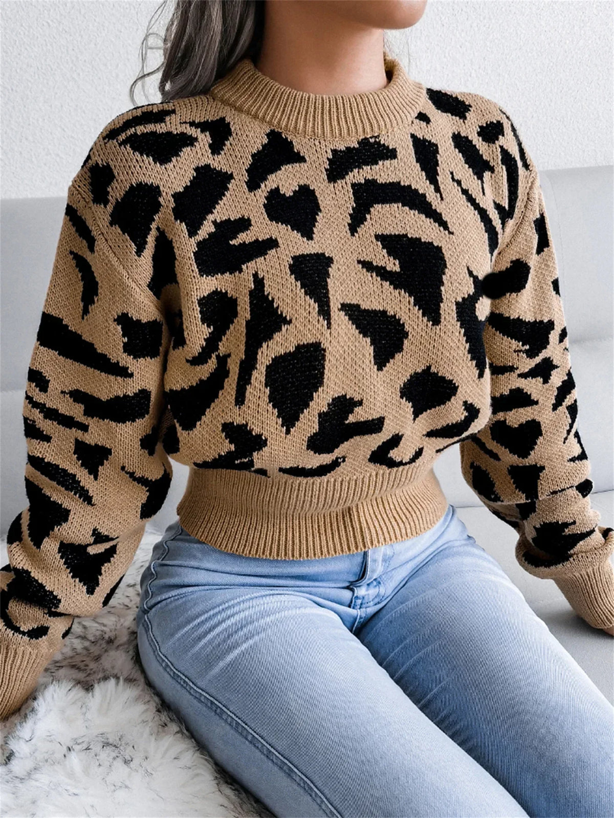 Leopard Pattern Waist Collection Round Neck Sweater Khaki / S