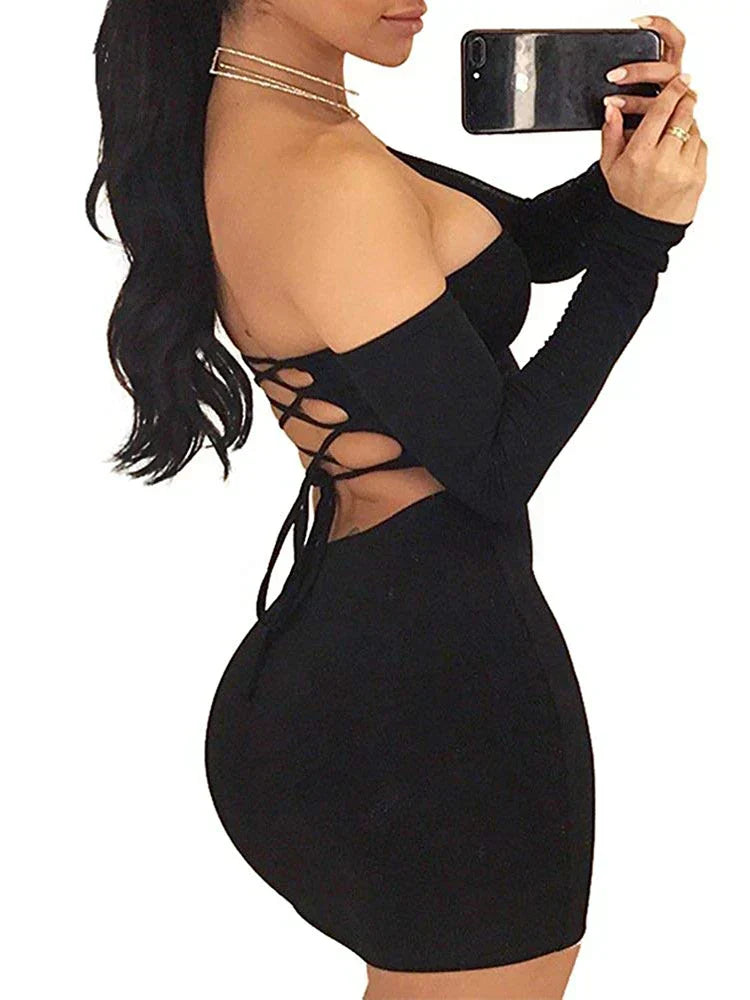 Autumn winter long Sexy Off Shoulder Backless Lace Midi Dresses - View 2