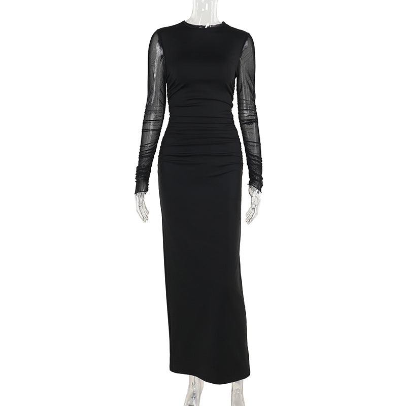 Mock Neck Ruched Mesh Long Sleeve Bodycon Maxi Dress - View 6