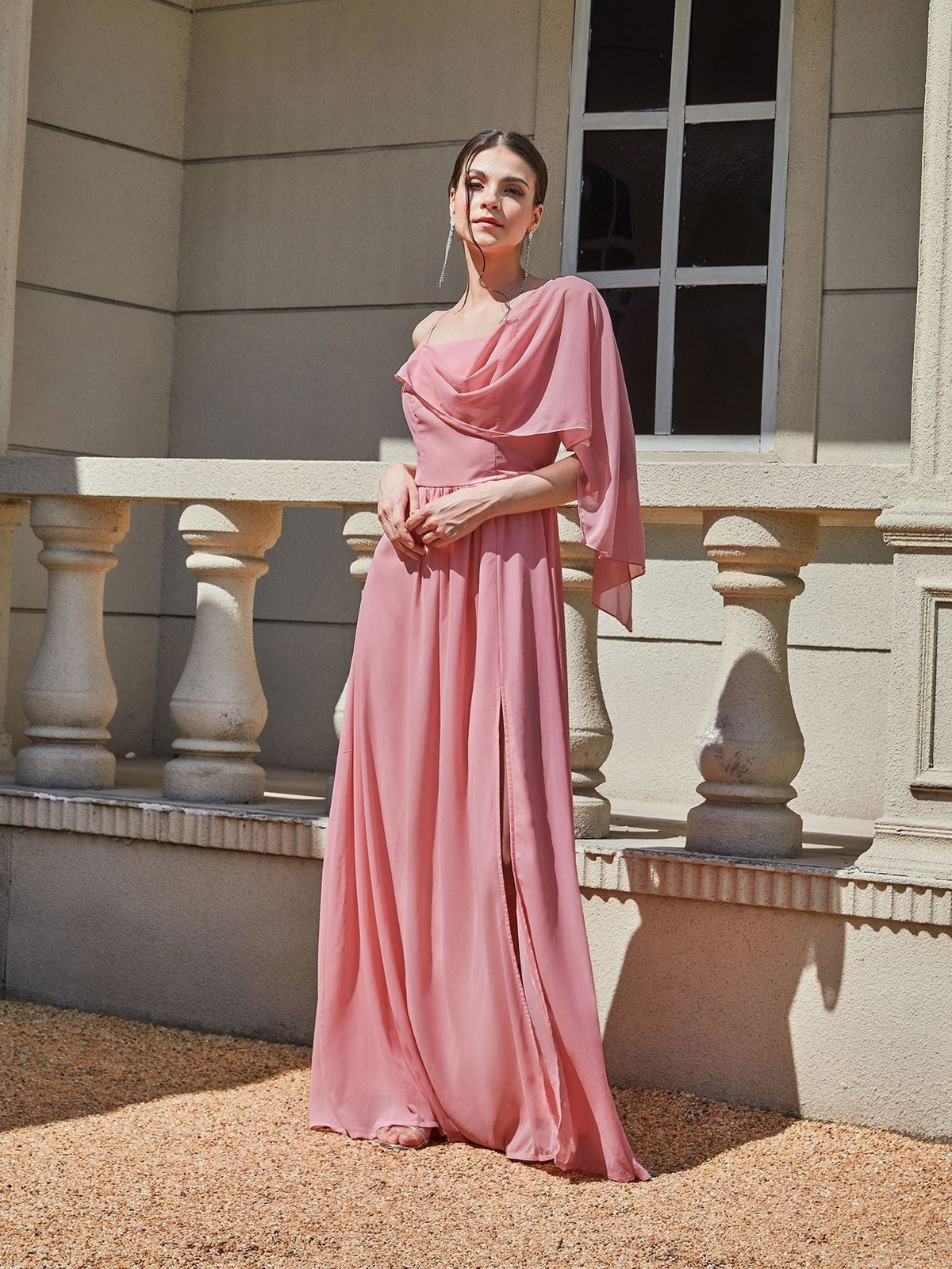One Shoulder Cowl Cape Sleeve High Split Chiffon Maxi Gown