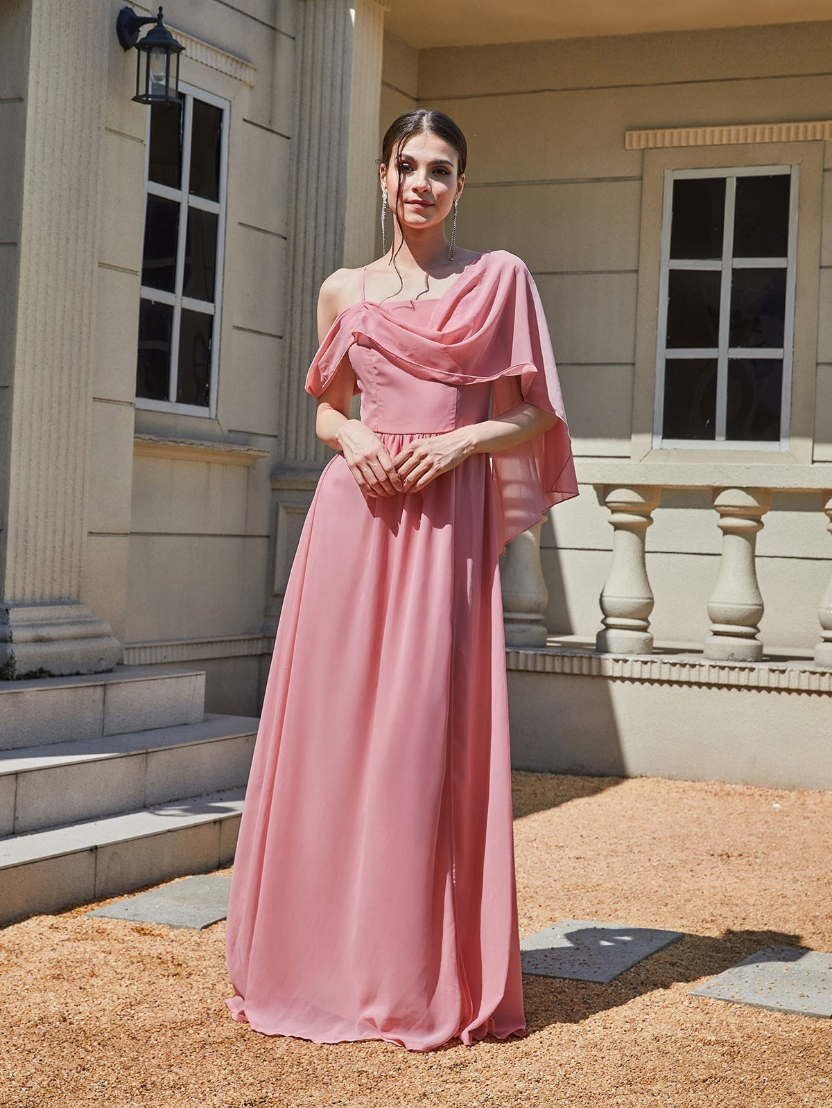 One Shoulder Cowl Cape Sleeve High Split Chiffon Maxi Gown - View 3