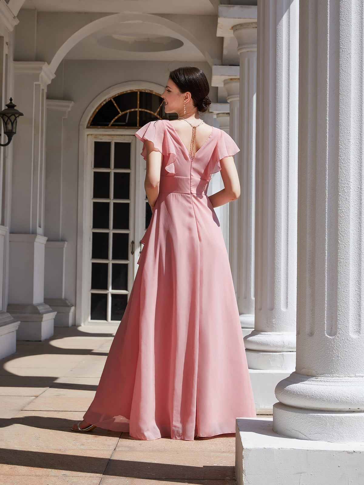 Chiffon V-Neck Ruffle Sleeve Cascade A-Line Maxi Bridesmaid Dress - View 3
