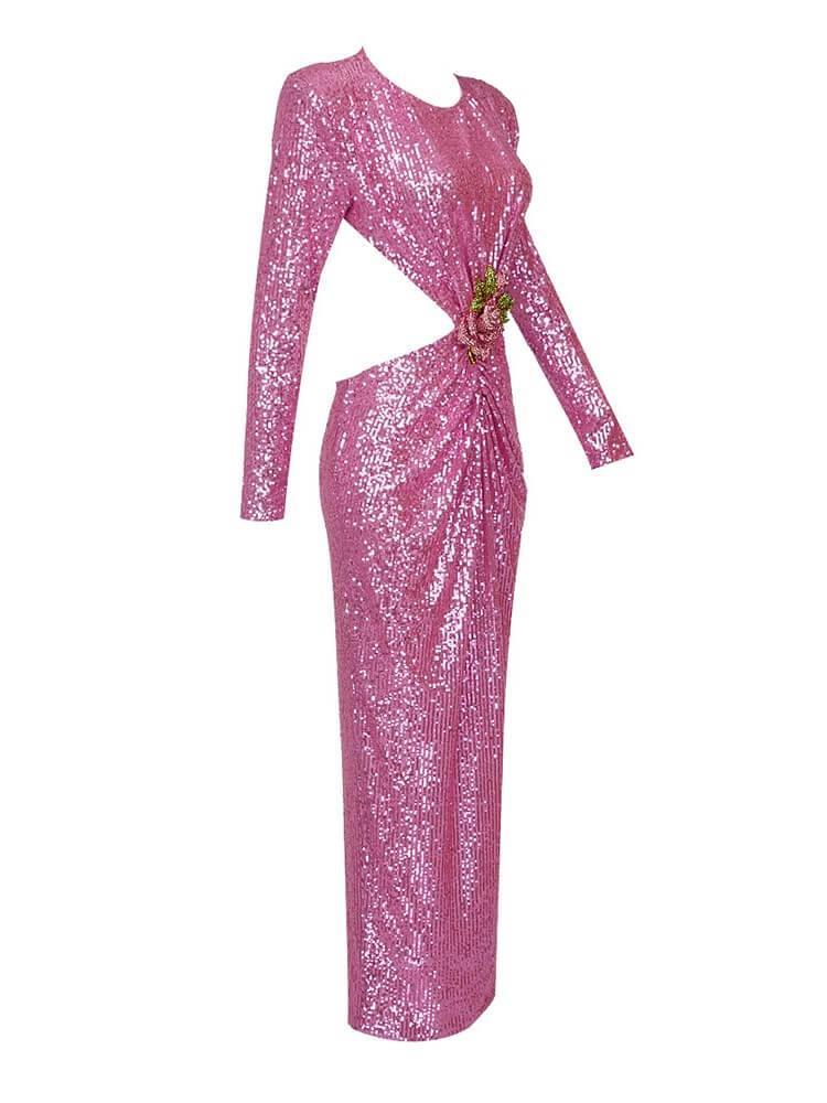 Sequin Long Sleeve Rosette Cut Out Bodycon Maxi Gown - View 7