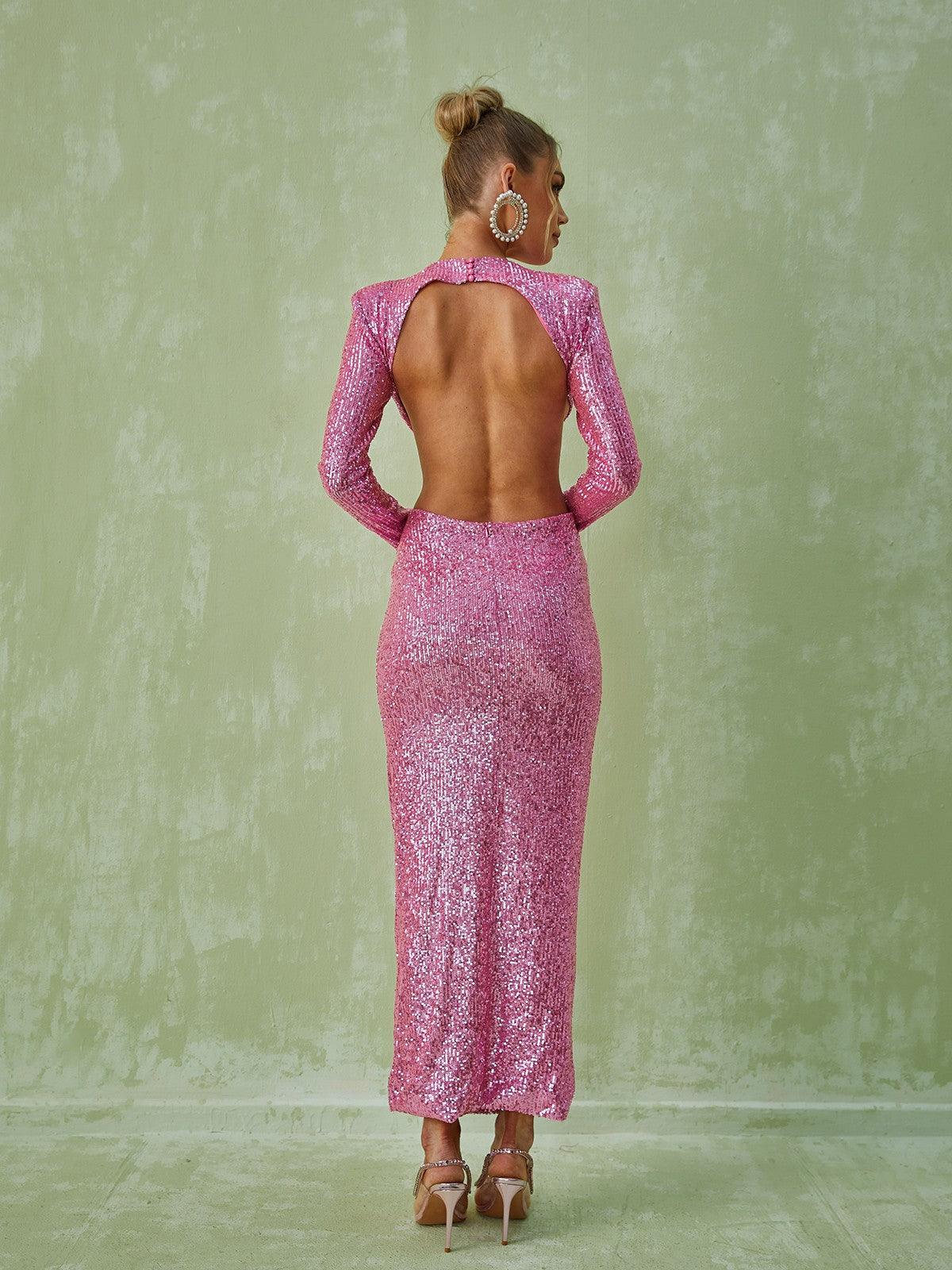 Sequin Long Sleeve Rosette Cut Out Bodycon Maxi Gown - View 5