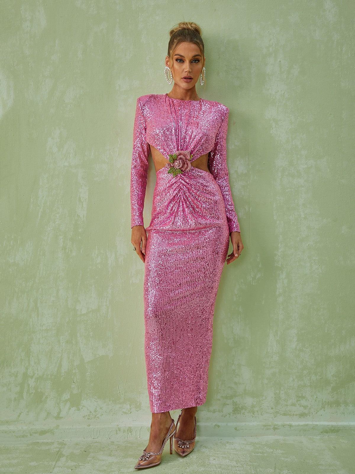 Sequin Long Sleeve Rosette Cut Out Bodycon Maxi Gown - View 3