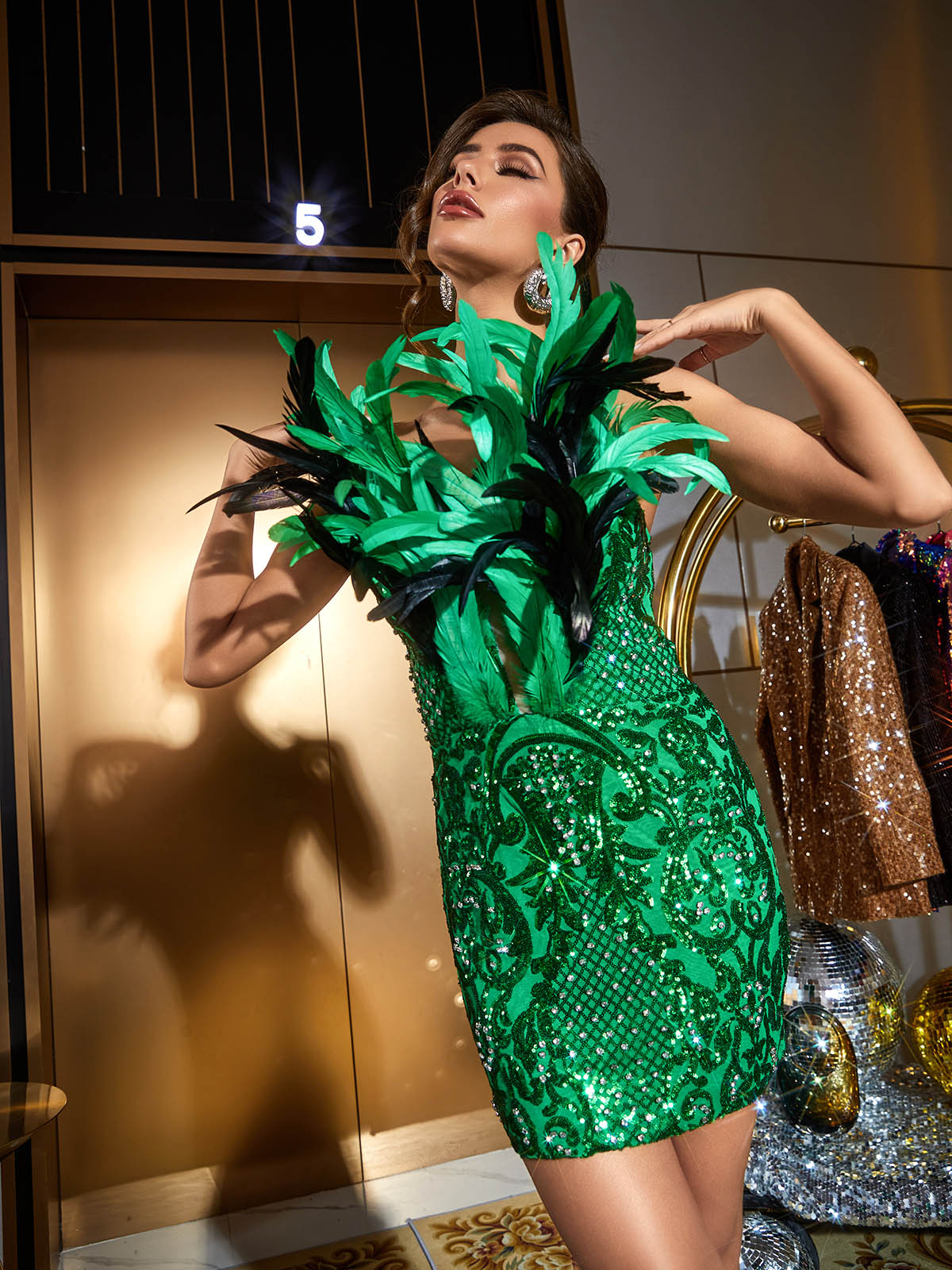 Sequin V-Neck Sleeveless Feather Bodycon Mini Dress - View 4