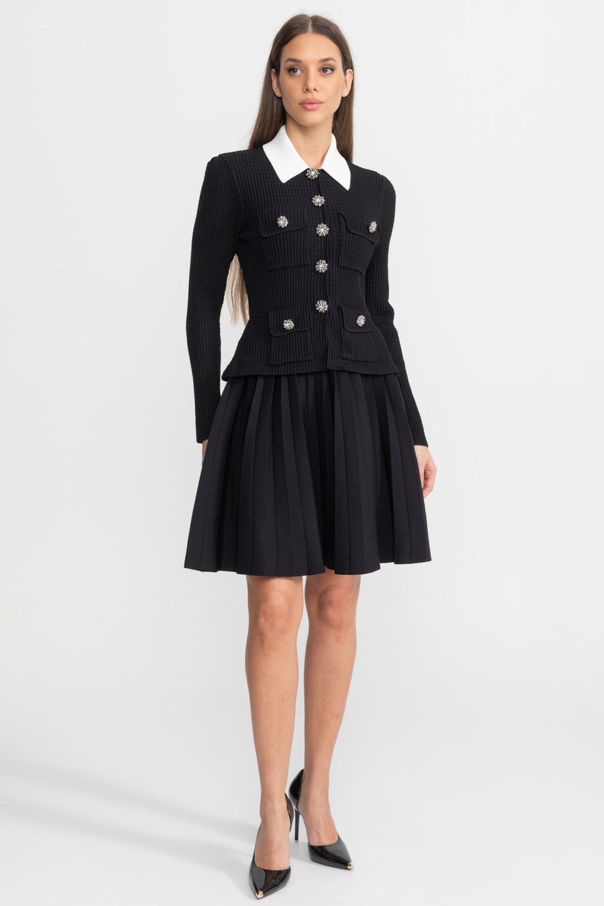 Ribbed Knit Mini Dress with Contrast Collar and Pleated Skirt – Black - View 2