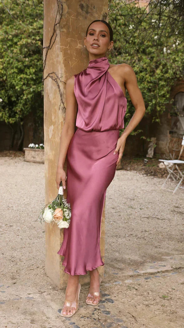 Satin Halter High Neck Cowl Blouson Bias Cut Midi Dress - View 5