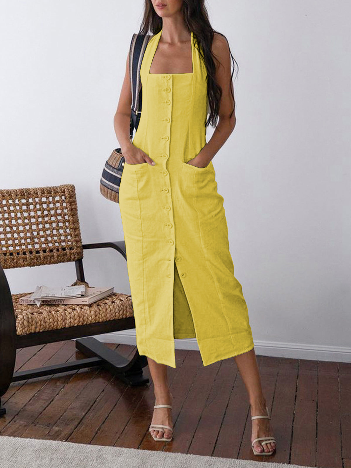 Square Neck Halter Strap Button Front Slit Midi Dress - View 5