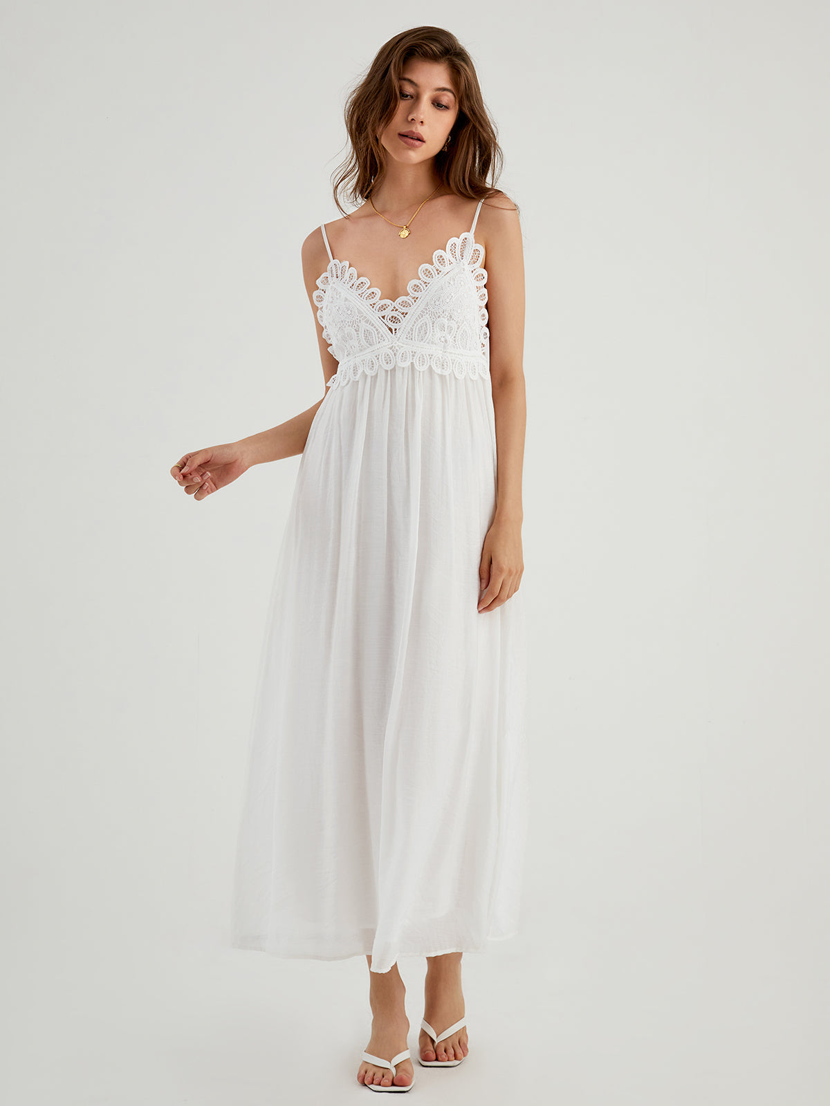 Crochet Lace V-Neck Spaghetti Strap Flowy Maxi Dress 3