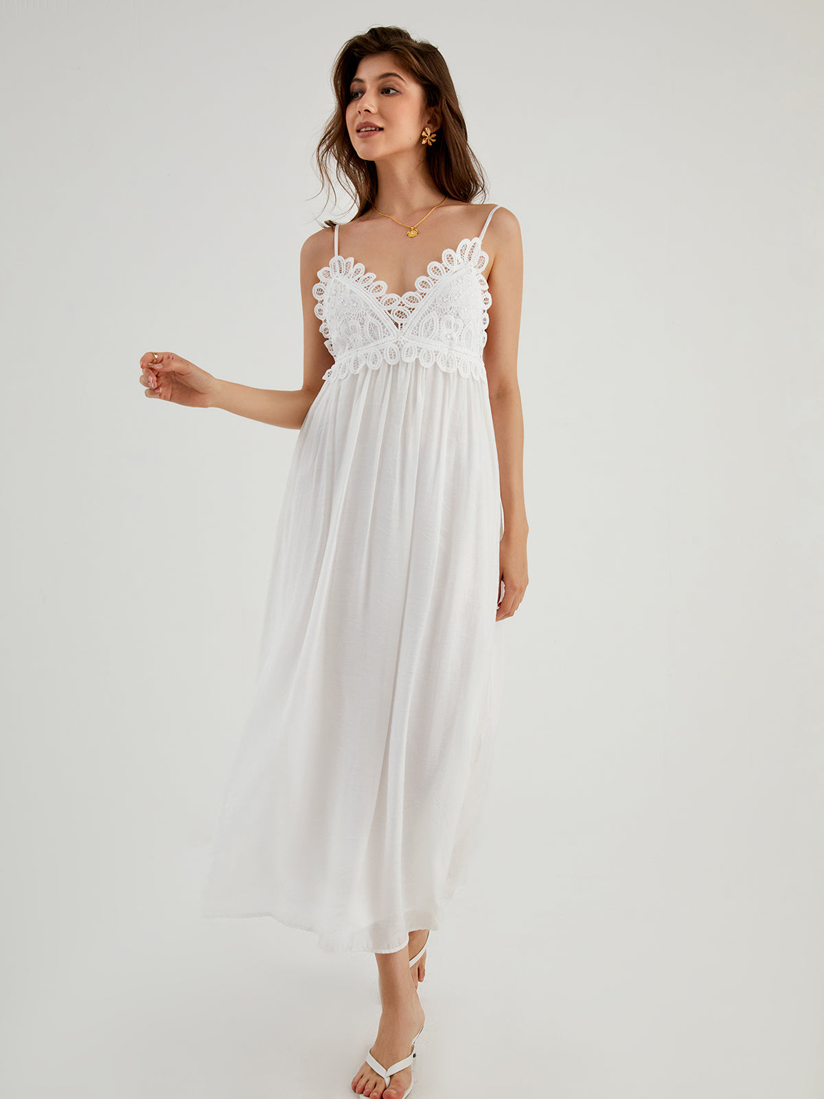 Crochet Lace V-Neck Spaghetti Strap Flowy Maxi Dress 4