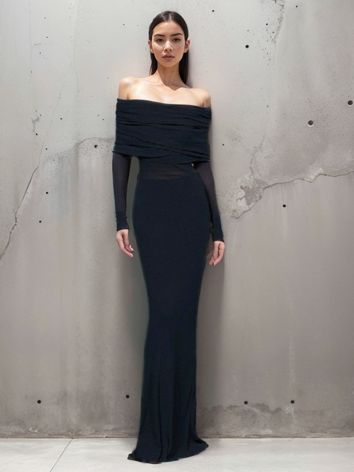 Overfold Off Shoulder Mesh Long Sleeve Long Dress - View 3