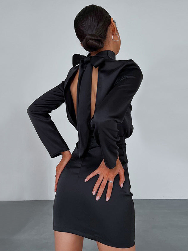 Satin Mock Neck Long Sleeve Bow Tie Back Open Back Mini Dress