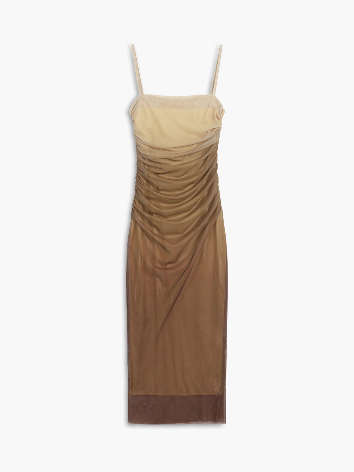 Mesh Square Neck Spaghetti Strap Ruched Zip Front Bodycon Midi Dress - View 5